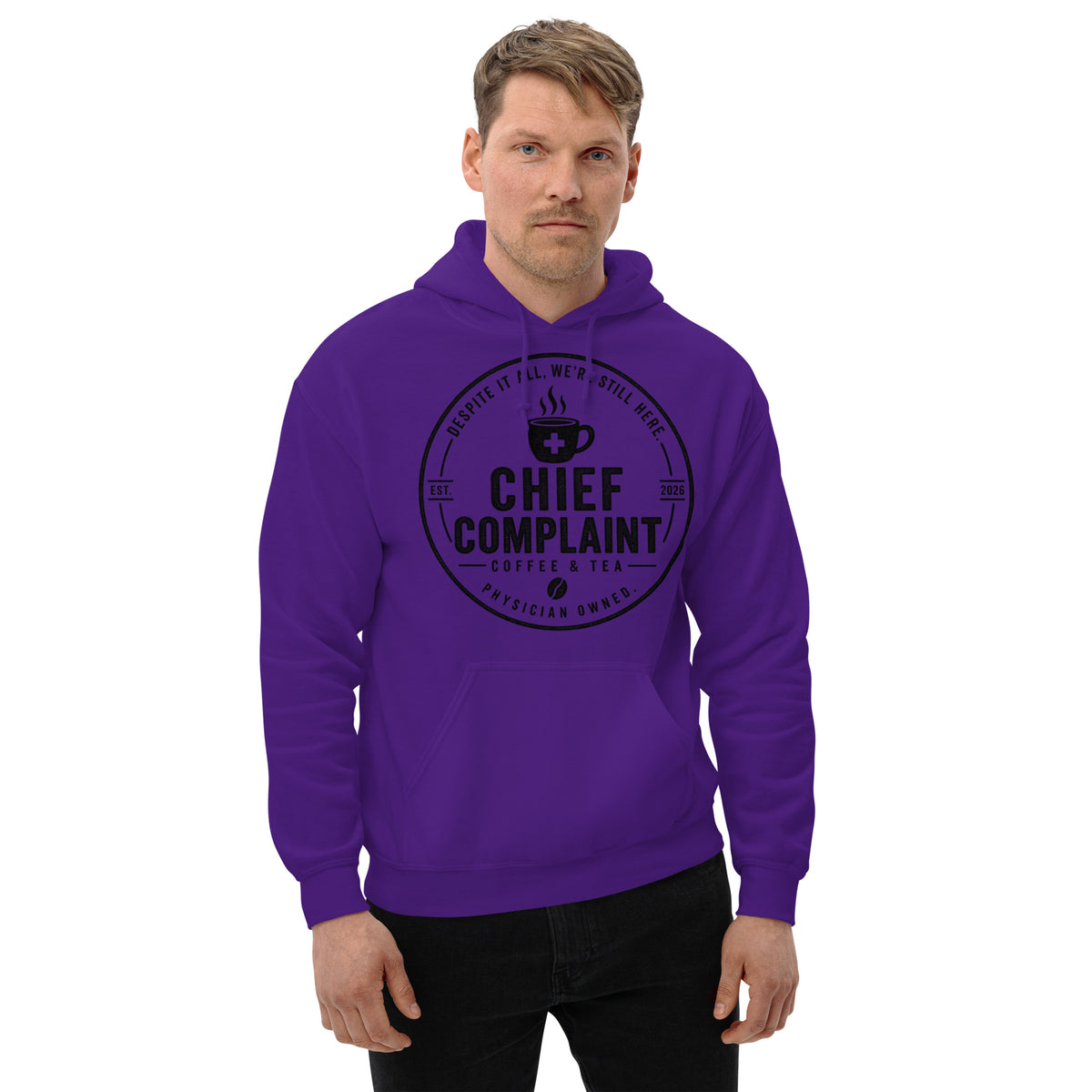 The Night Float Hoodie in purple, physician and nurse pullover hoodie, front view, physician owned