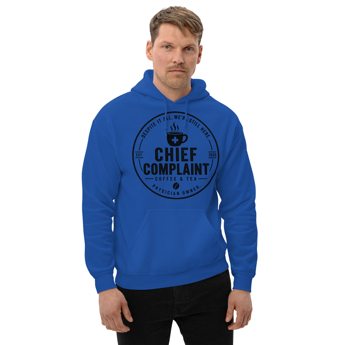The Night Float Hoodie in royal blue, physician and nurse pullover hoodie, front view, physician owned