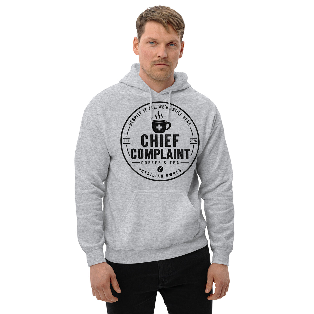The Night Float Hoodie in sport grey, physician and nurse pullover hoodie, front view, physician owned