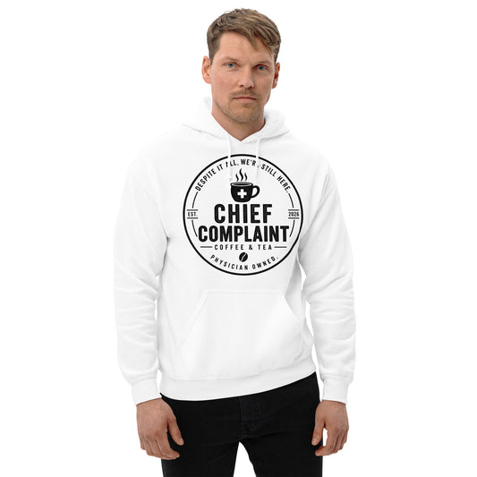The Night Float Hoodie in white, physician and nurse pullover hoodie, front view, physician owned