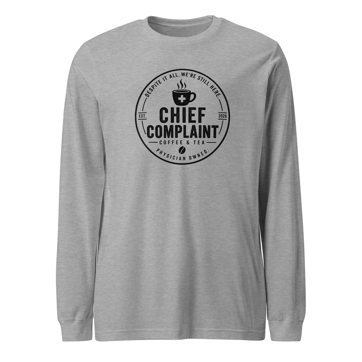 The Base Layer Long Sleeve Tee in athletic heather, long sleeve shirt for healthcare workers, front view, physician owned