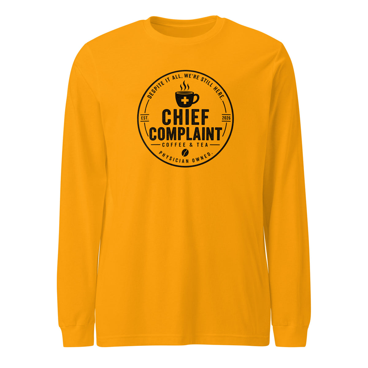 The Base Layer Long Sleeve Tee in gold, long sleeve shirt for healthcare workers, front view, physician owned