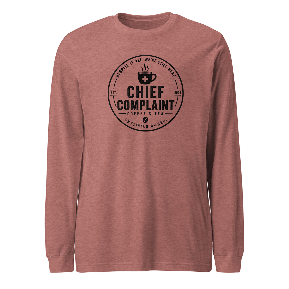 The Base Layer Long Sleeve Tee in heather mauve, long sleeve shirt for healthcare workers, front view, physician owned