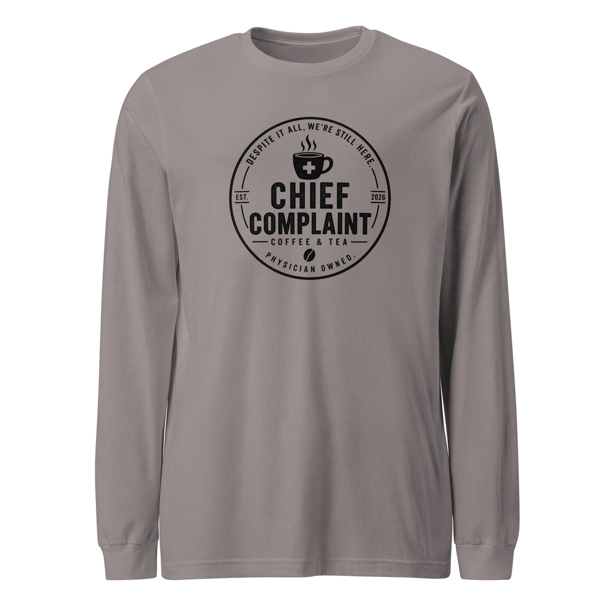 The Base Layer Long Sleeve Tee in storm grey, long sleeve shirt for healthcare workers, front view, physician owned