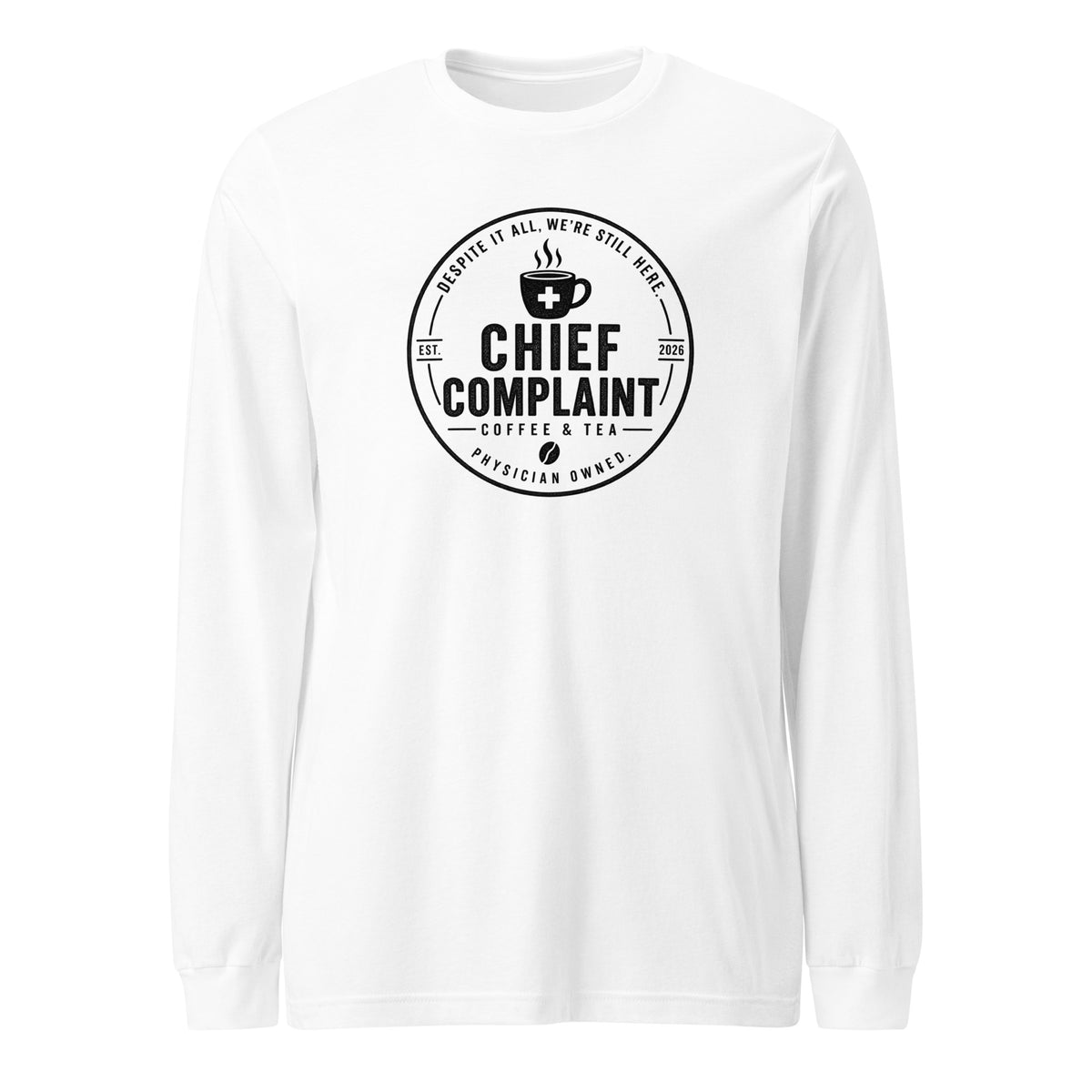 The Base Layer Long Sleeve Tee in white, long sleeve shirt for healthcare workers, front view, physician owned