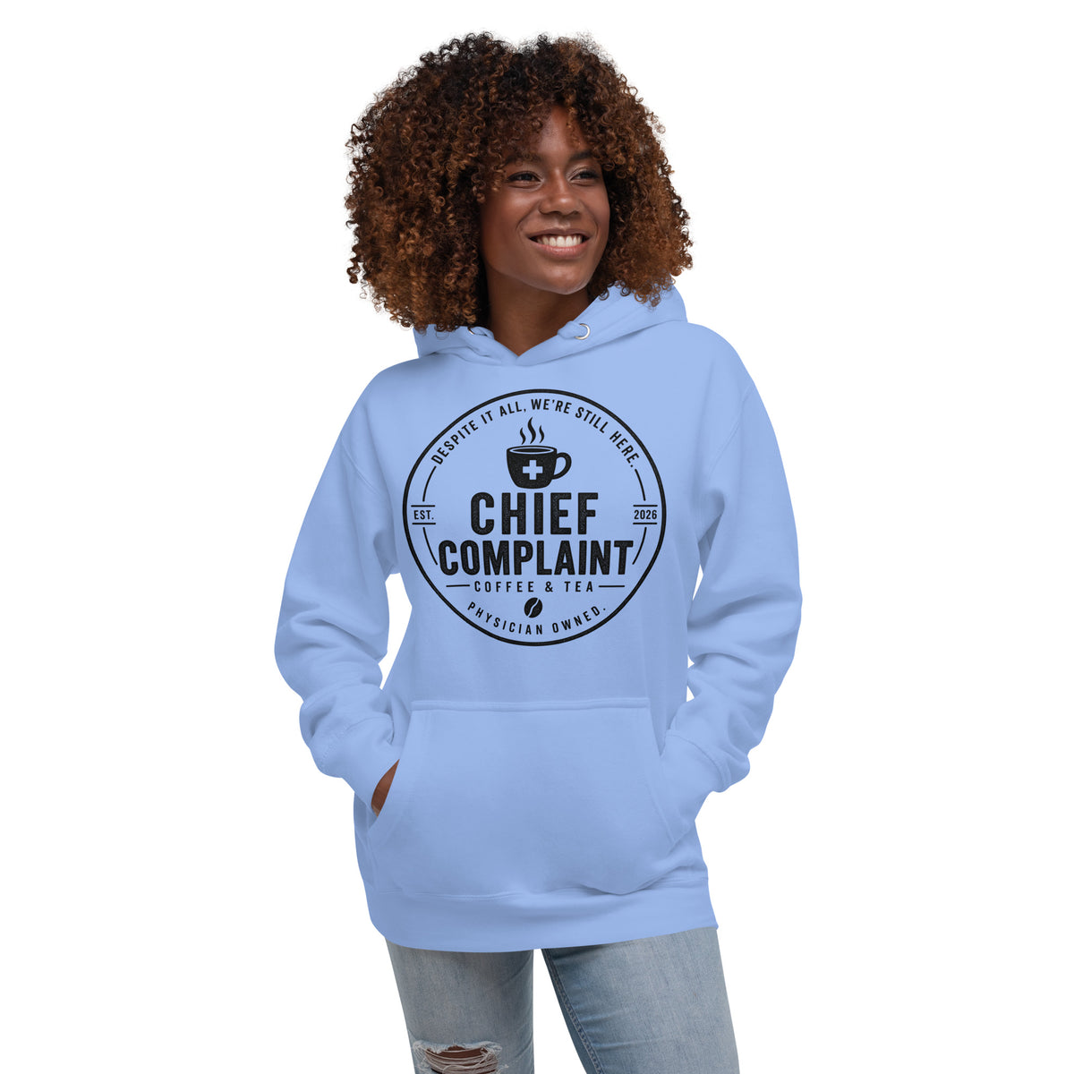 The Post Call Hoodie in Carolina blue, premium pullover hoodie for healthcare workers, front view, physician owned