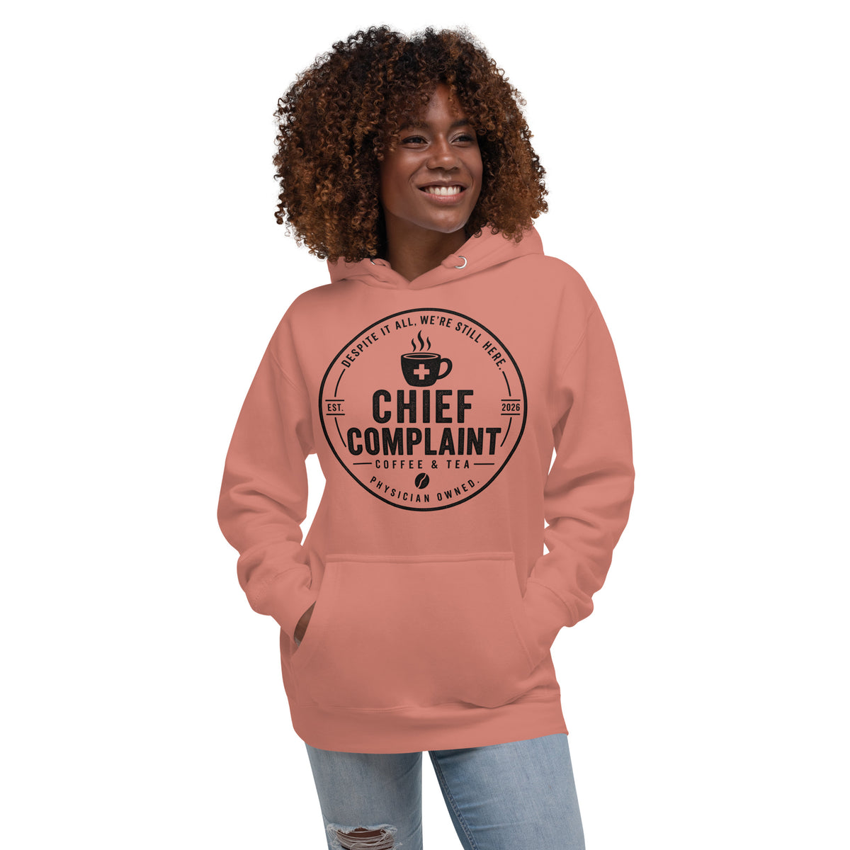 The Post Call Hoodie in dusty rose, premium pullover hoodie for healthcare workers, front view, physician owned