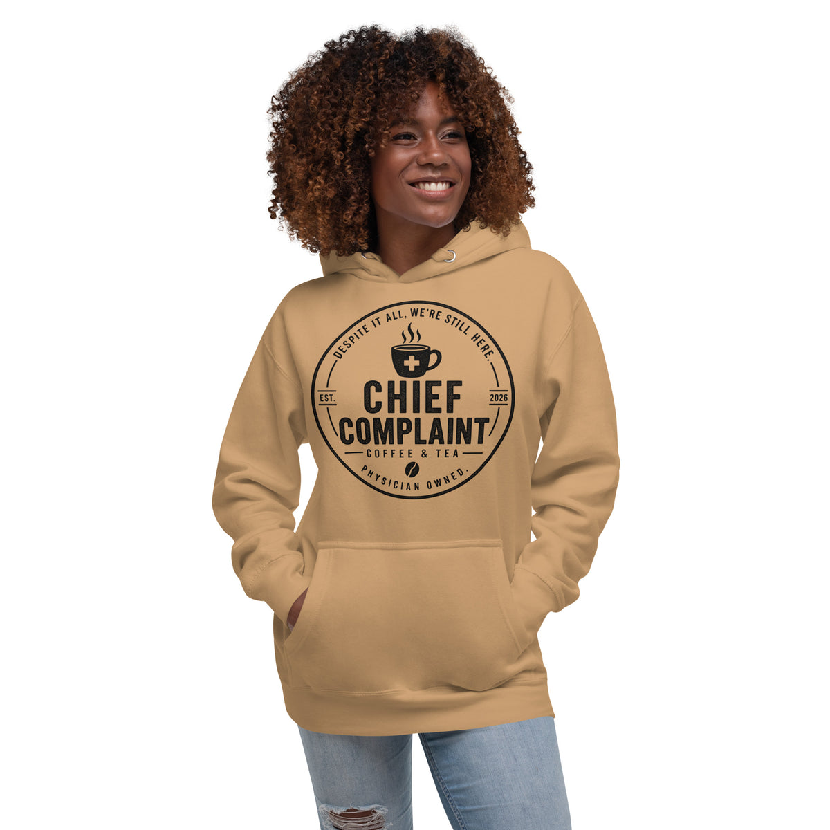 The Post Call Hoodie in khaki, premium pullover hoodie for healthcare workers, front view, physician owned