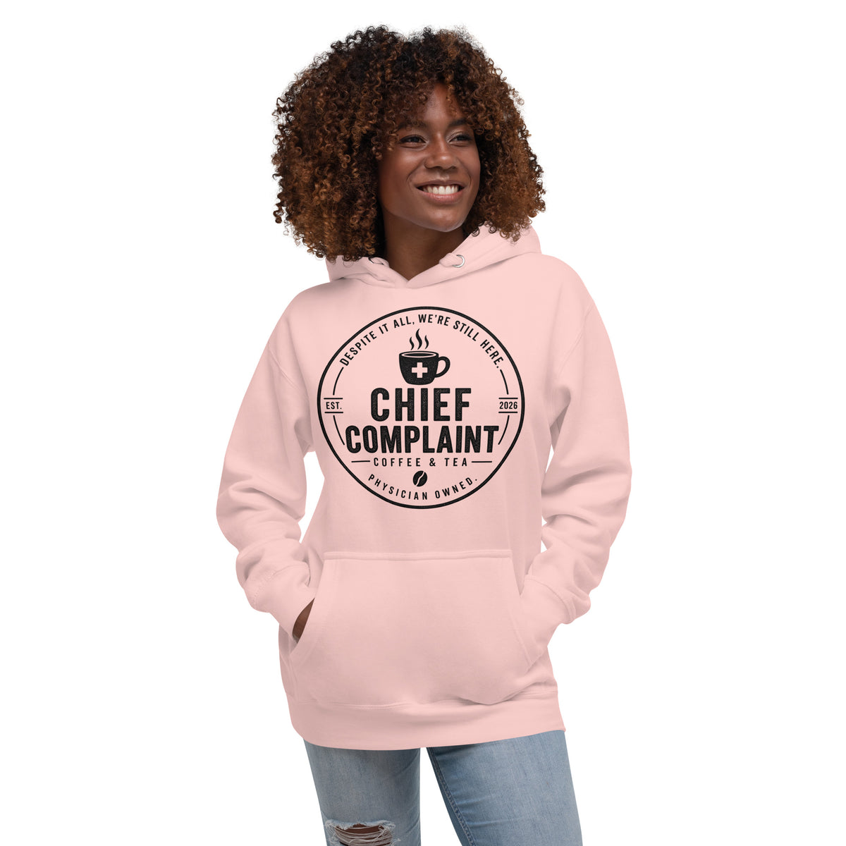 The Post Call Hoodie in light pink, premium pullover hoodie for healthcare workers, front view, physician owned