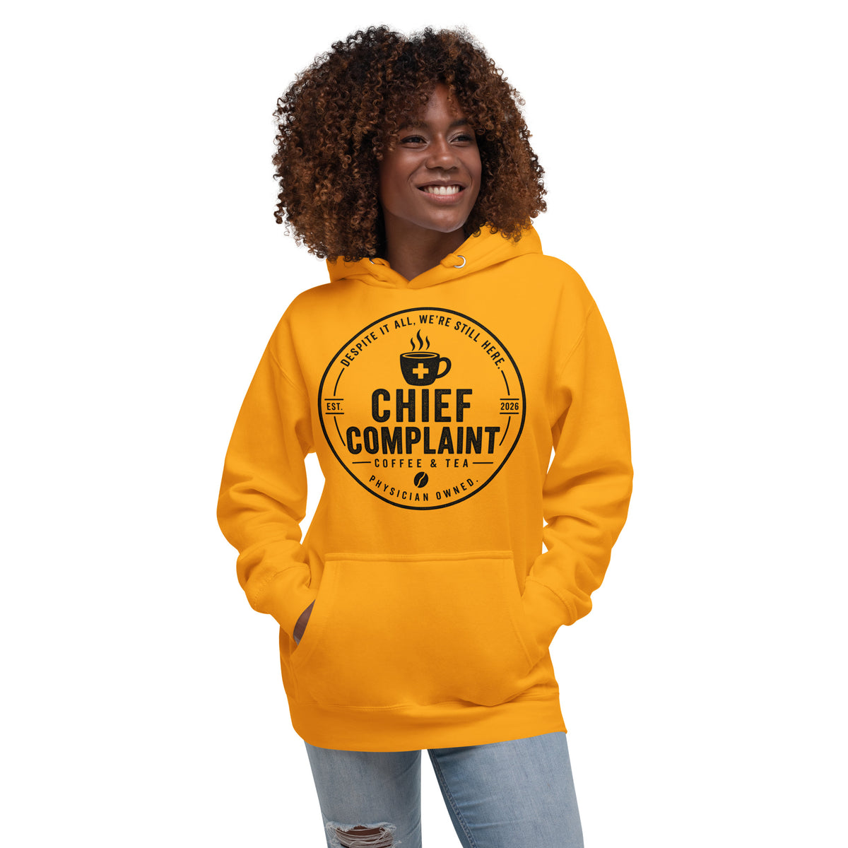 The Post Call Hoodie in team gold, premium pullover hoodie for healthcare workers, front view, physician owned