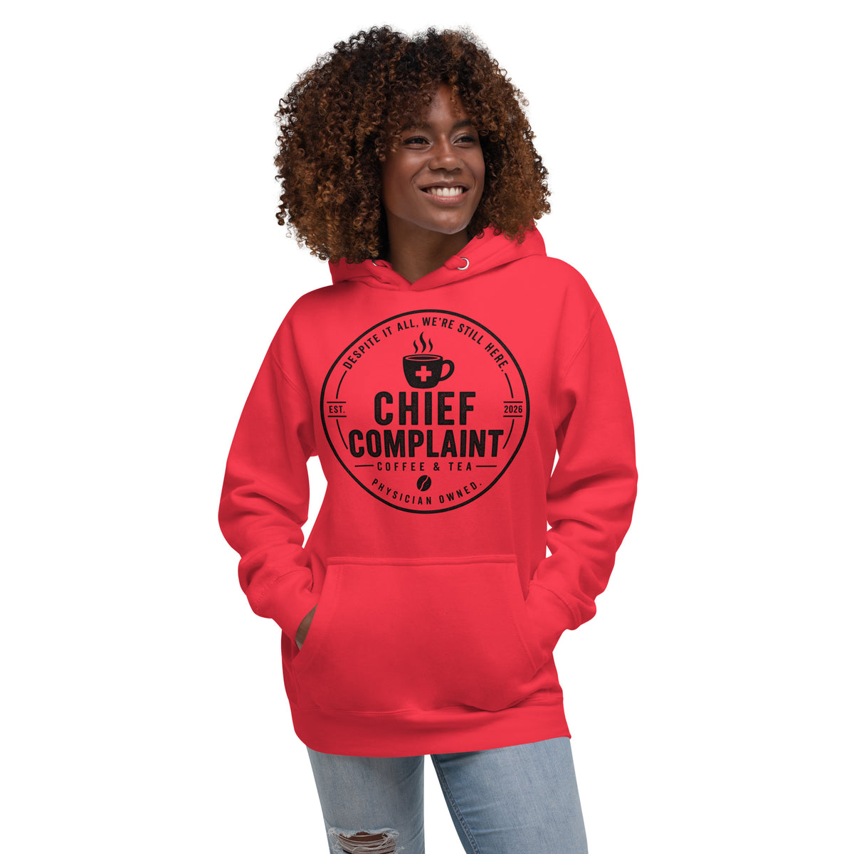 The Post Call Hoodie in team red, premium pullover hoodie for healthcare workers, front view, physician owned