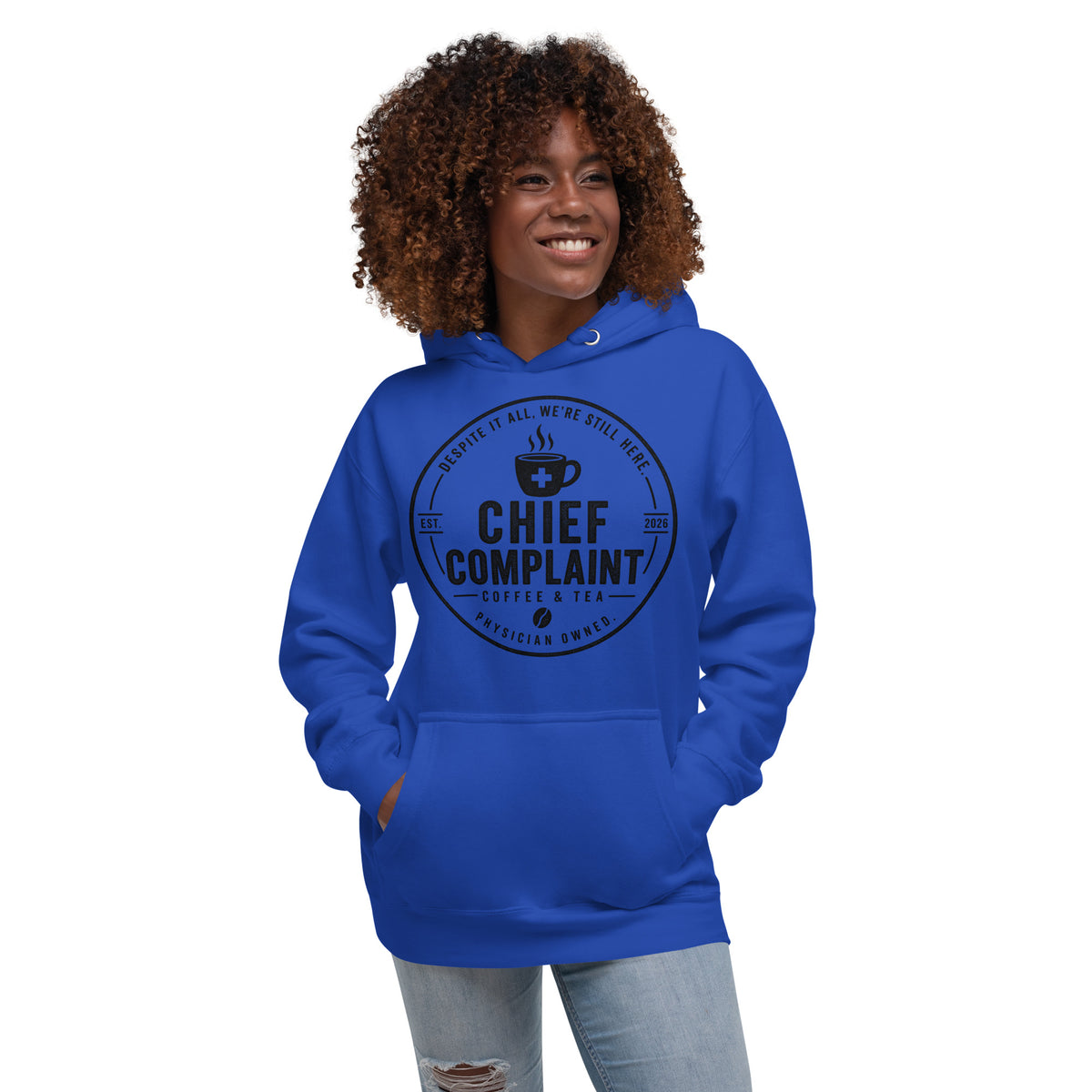 The Post Call Hoodie in team royal blue, premium pullover hoodie for healthcare workers, front view, physician owned