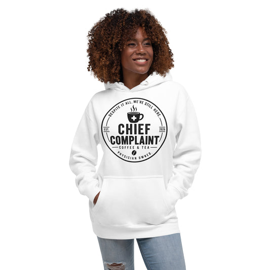 The Post Call Hoodie in white, premium pullover hoodie for night shift healthcare workers, front view, physician owned