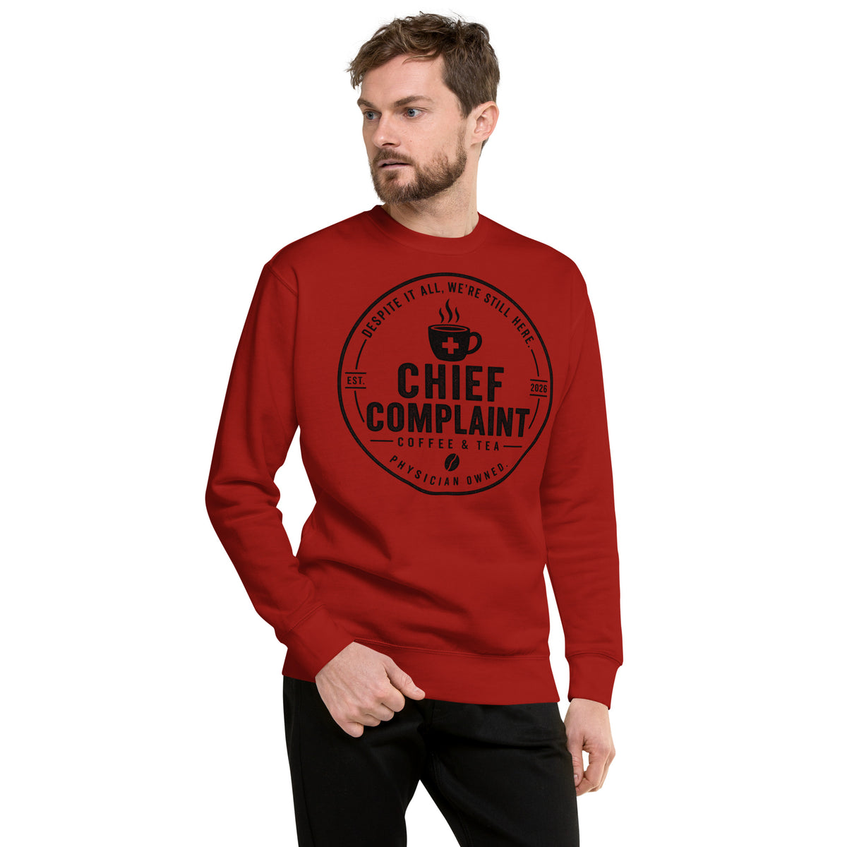 Call Room Ready Premium Sweatshirt in cardinal red, call room sweatshirt for residents, front view, physician owned