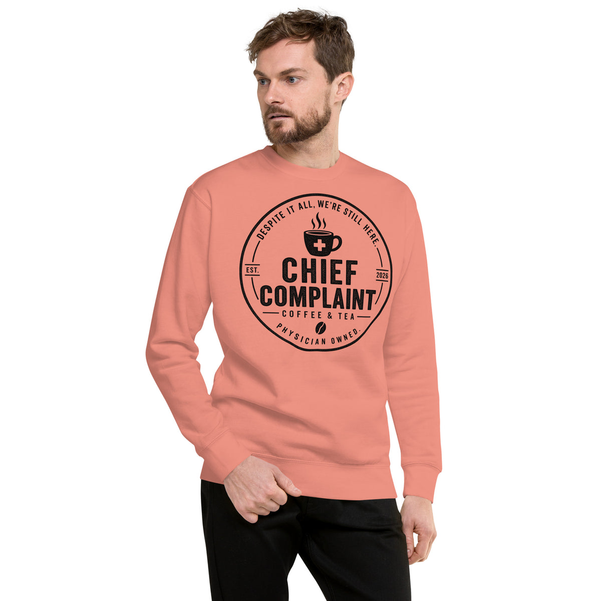 Call Room Ready Premium Sweatshirt in dusty rose, call room sweatshirt for residents, front view, physician owned