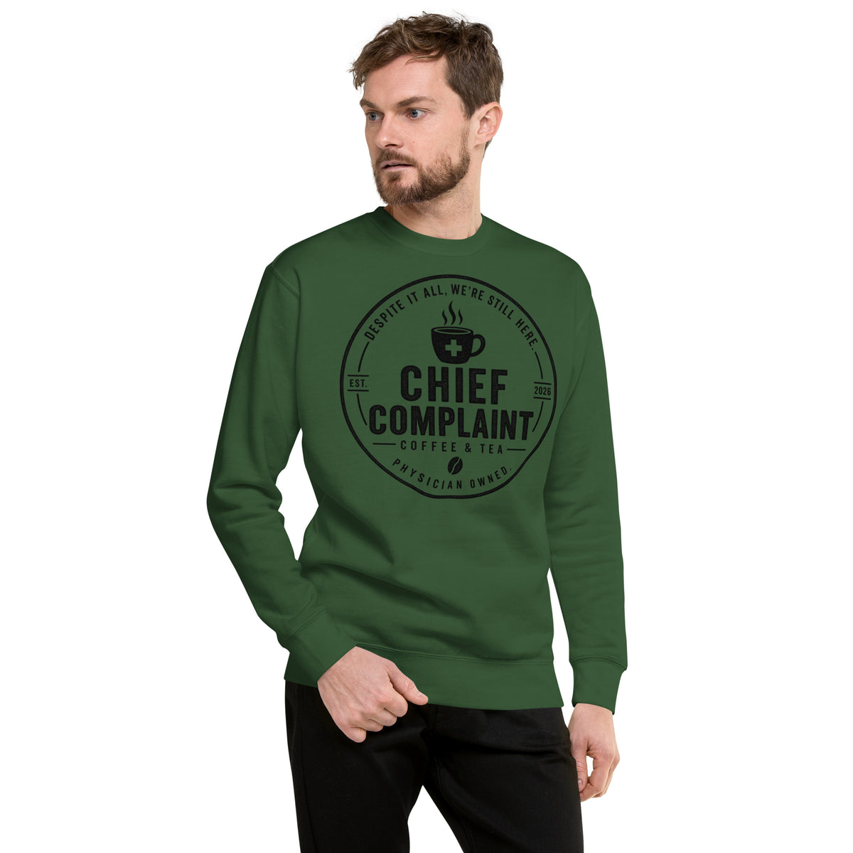 Call Room Ready Premium Sweatshirt in forest green, call room sweatshirt for residents, front view, physician owned