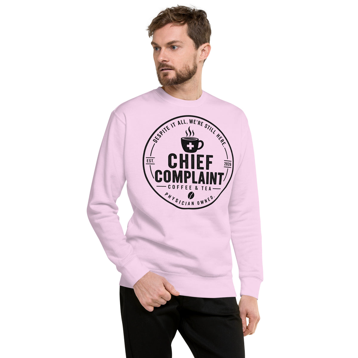Call Room Ready Premium Sweatshirt in lavender, call room sweatshirt for residents, front view, physician owned