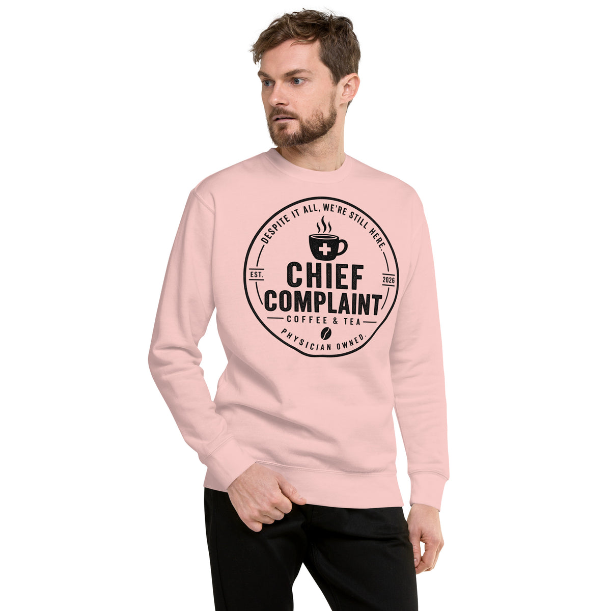Call Room Ready Premium Sweatshirt in light pink, call room sweatshirt for residents, front view, physician owned