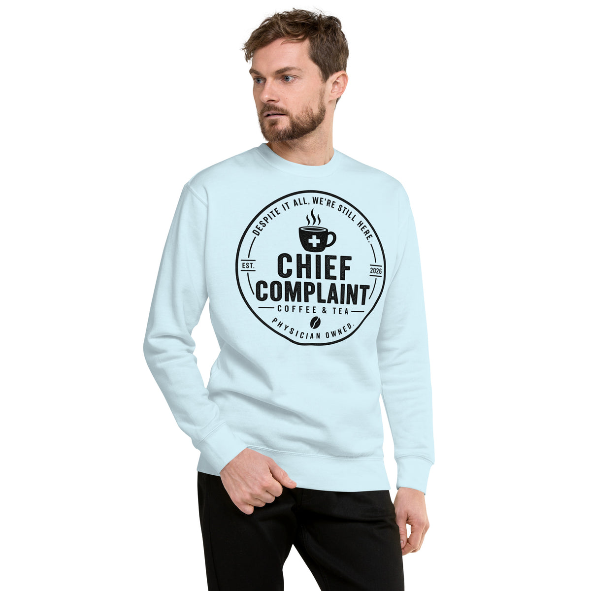 Call Room Ready Premium Sweatshirt in sky blue, call room sweatshirt for residents, front view, physician owned