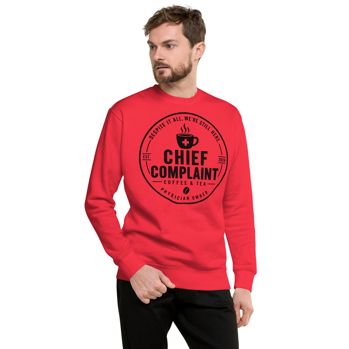 Call Room Ready Premium Sweatshirt in team red, call room sweatshirt for residents, front view, physician owned