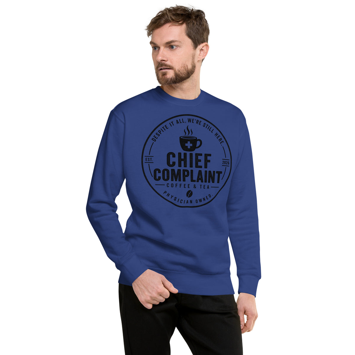 Call Room Ready Premium Sweatshirt in team royal blue, call room sweatshirt for residents, front view, physician owned