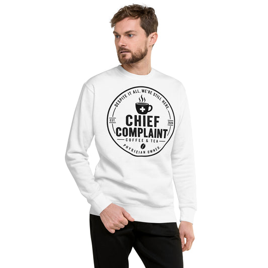 Call Room Ready Premium Sweatshirt in white, call room sweatshirt for residents and physicians, front view, physician owned