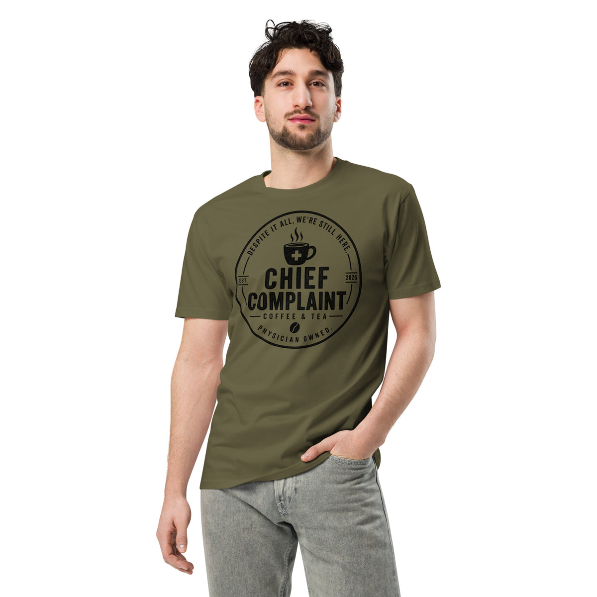 The Attending Premium Tee in army green, premium physician t-shirt, front view, physician owned