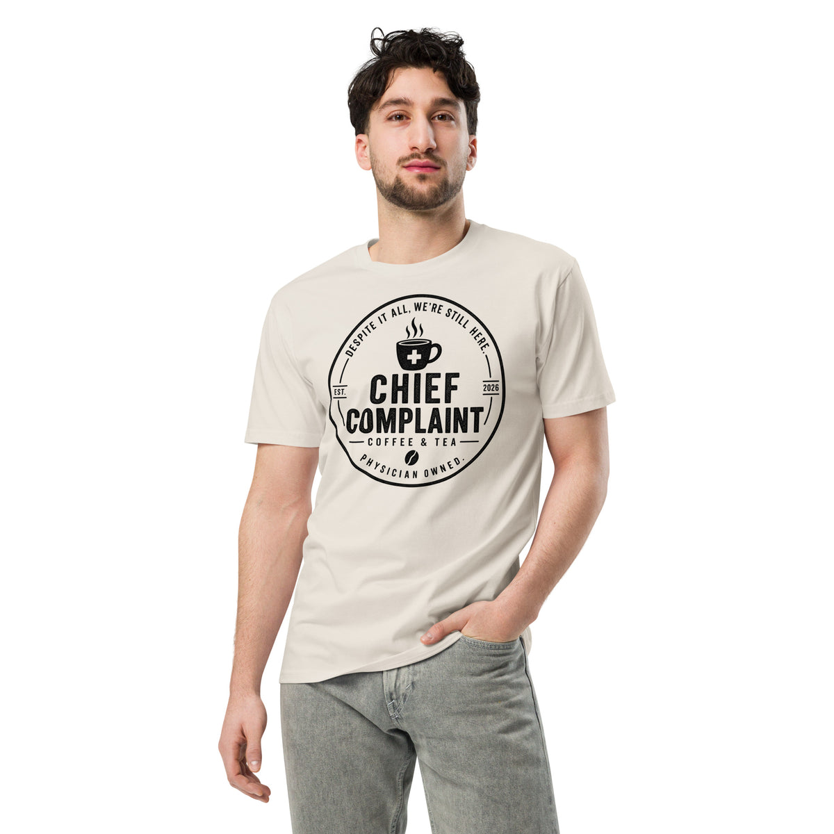 The Attending Premium Tee in bone, premium physician t-shirt, front view, physician owned