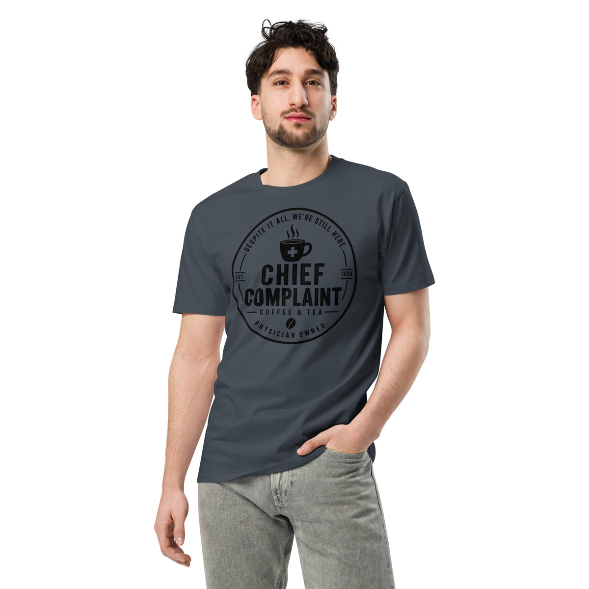 The Attending Premium Tee in petrol blue, premium physician t-shirt, front view, physician owned