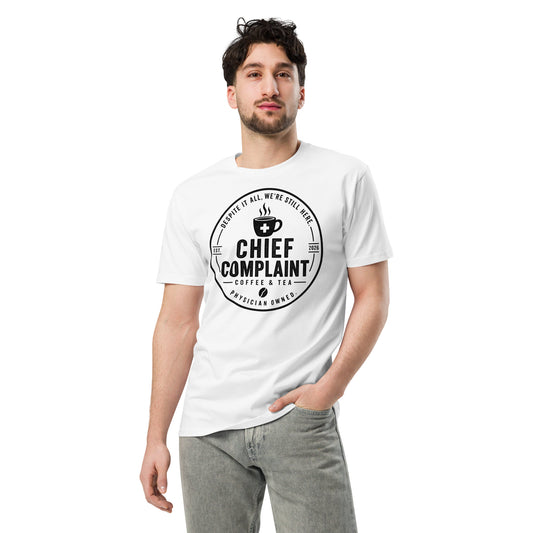 The Attending Premium Tee in white, premium physician t-shirt, front view, physician owned
