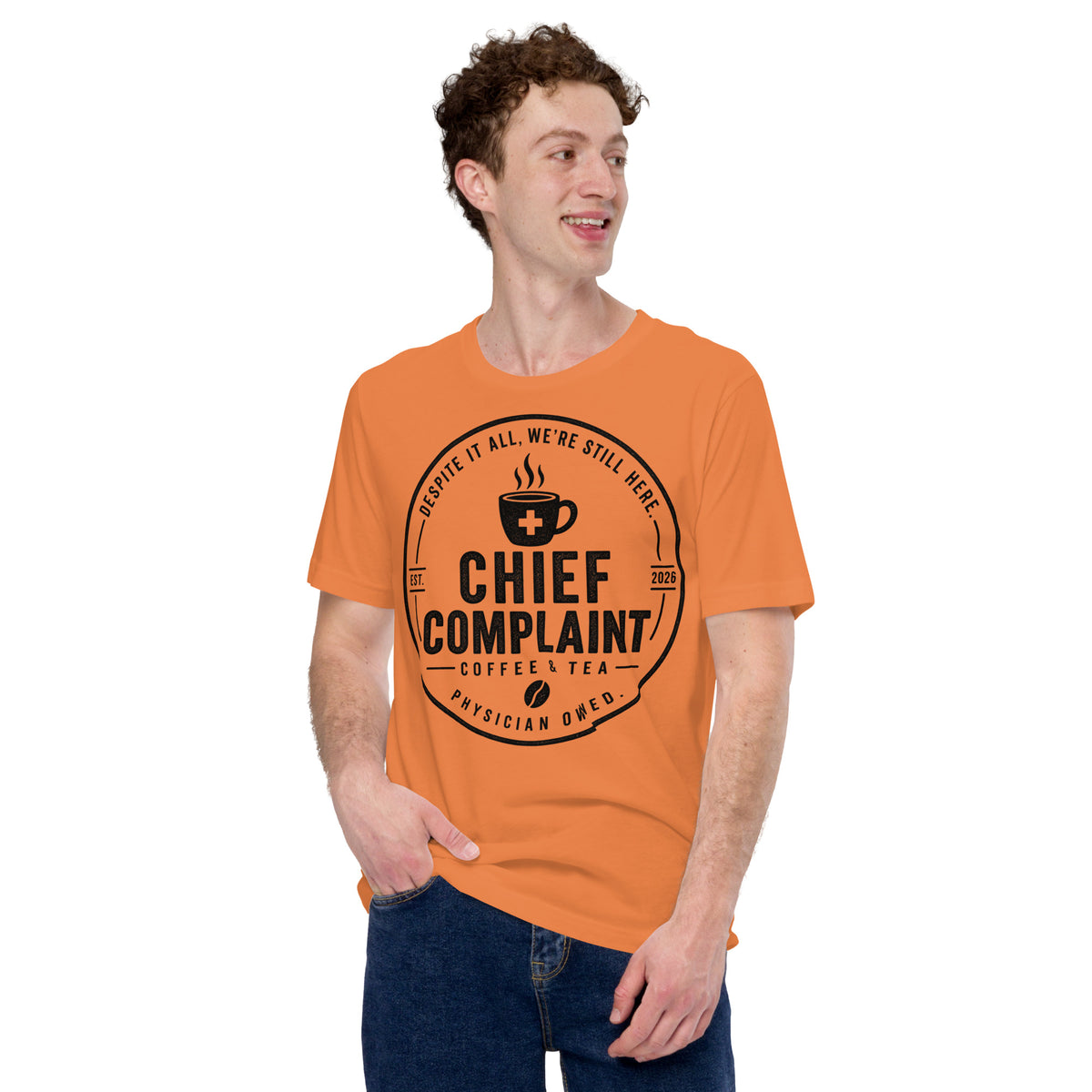 The Standard Issue Tee in burnt orange, unisex physician and nurse t-shirt, front view, physician owned