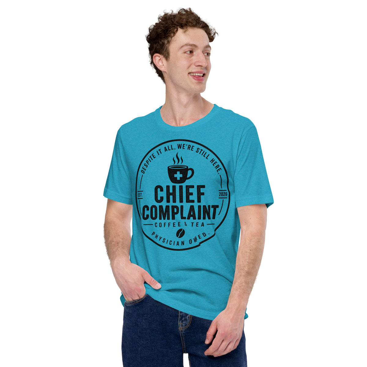 The Standard Issue Tee in heather aqua, unisex physician and nurse t-shirt, front view, physician owned