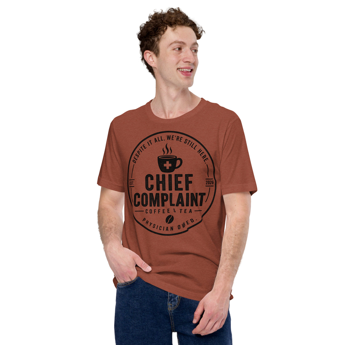 The Standard Issue Tee in heather clay, unisex physician and nurse t-shirt, front view, physician owned