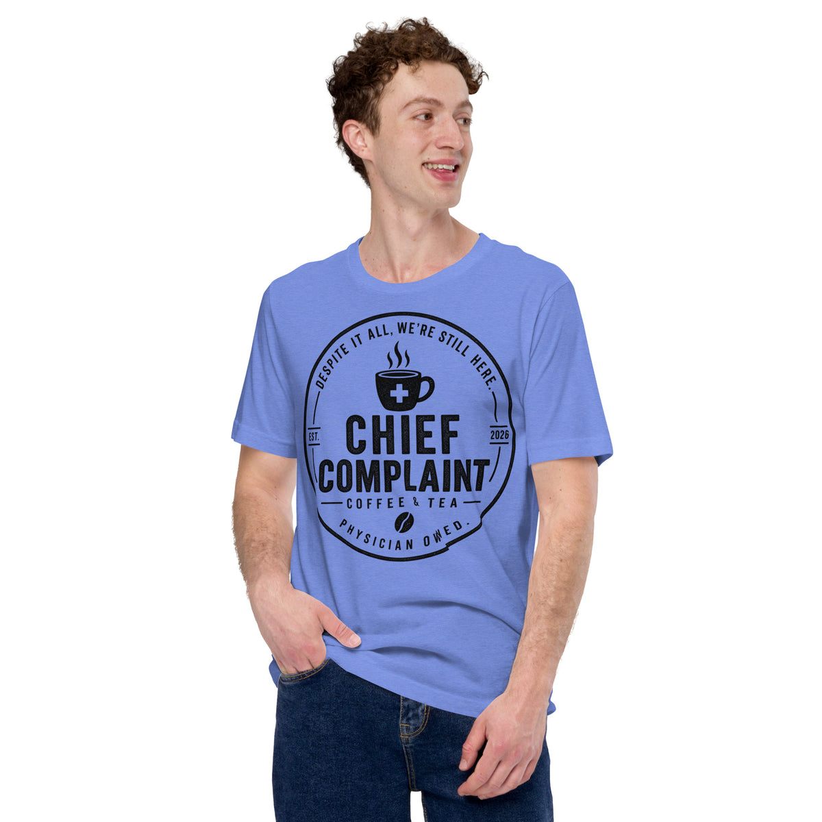 The Standard Issue Tee in heather Columbia blue, unisex physician and nurse t-shirt, front view, physician owned