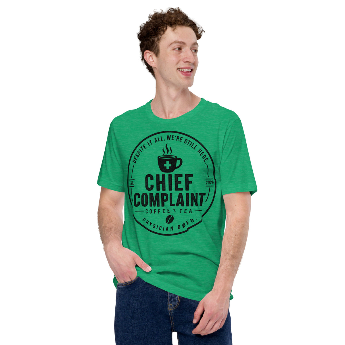 The Standard Issue Tee in heather kelly green, unisex physician and nurse t-shirt, front view, physician owned