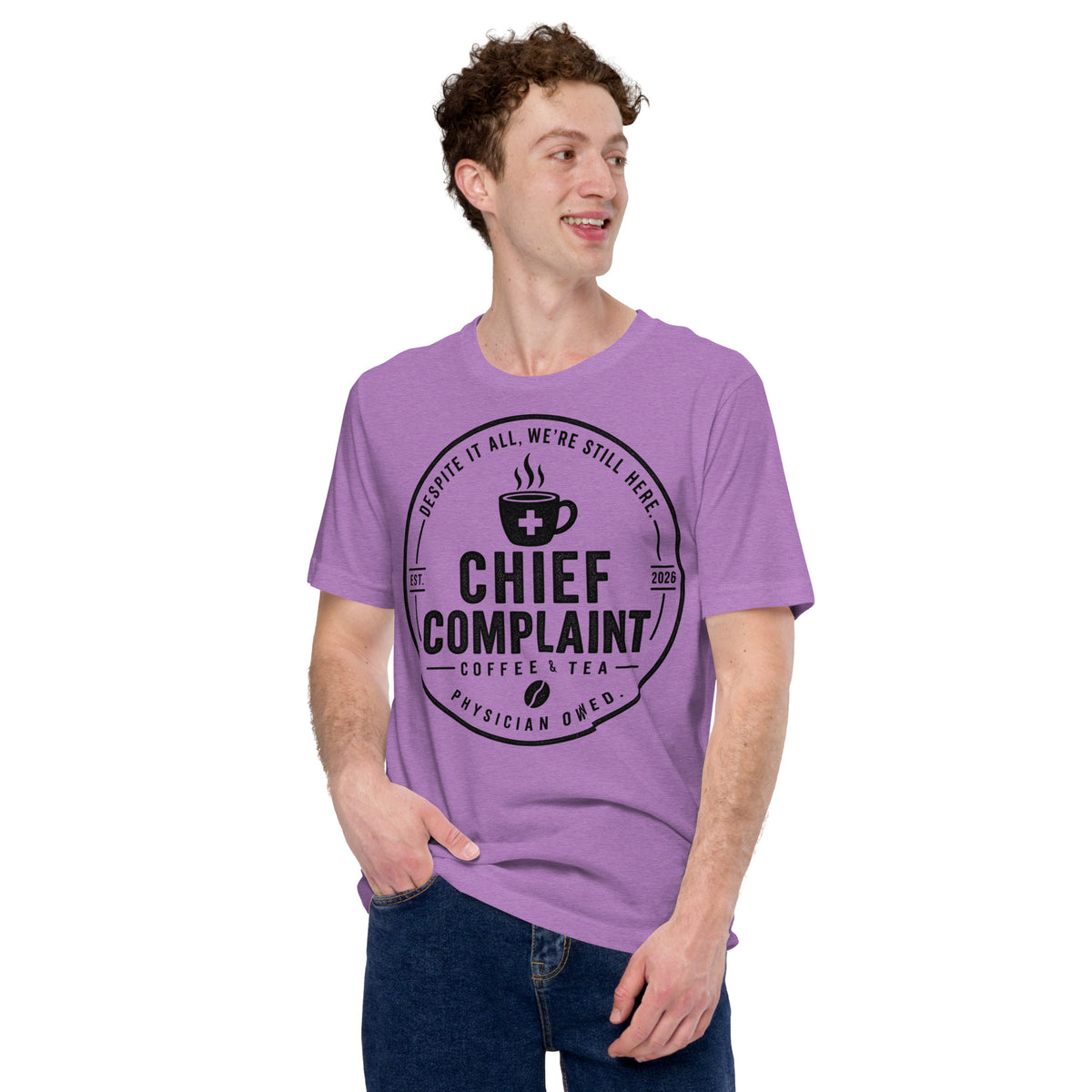 The Standard Issue Tee in heather team purple, unisex physician and nurse t-shirt, front view, physician owned