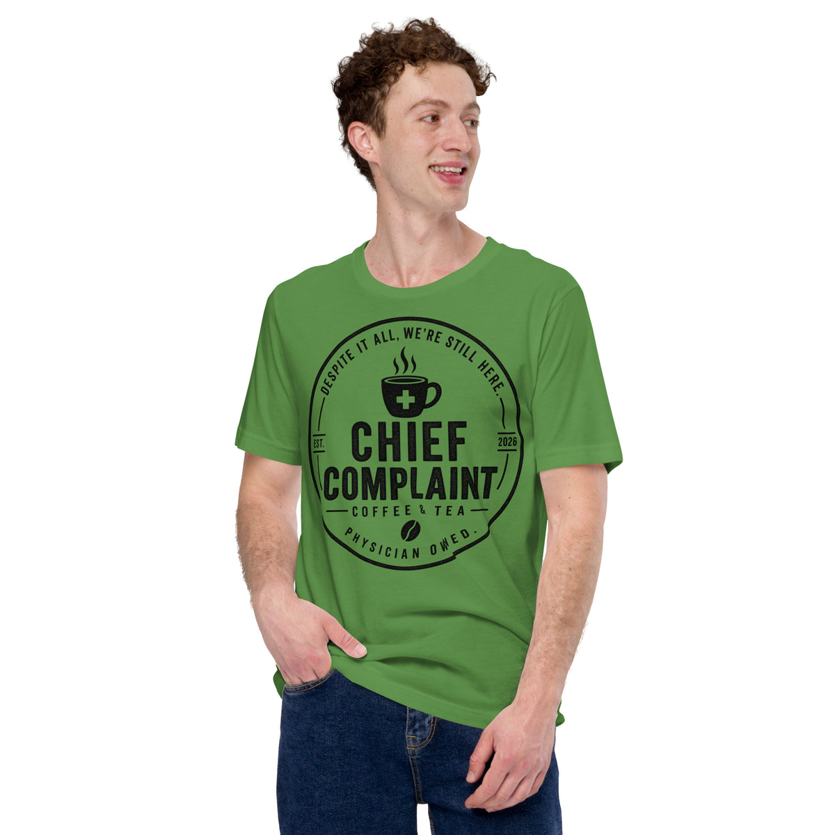 The Standard Issue Tee in leaf green, unisex physician and nurse t-shirt, front view, physician owned