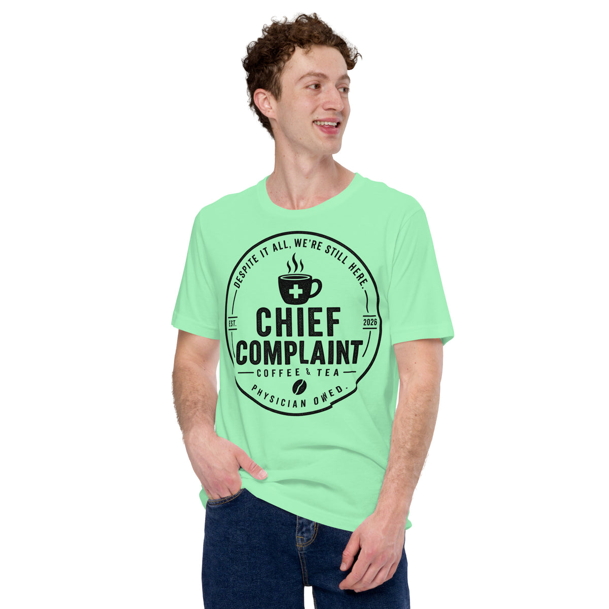 The Standard Issue Tee in mint, unisex physician and nurse t-shirt, front view, physician owned