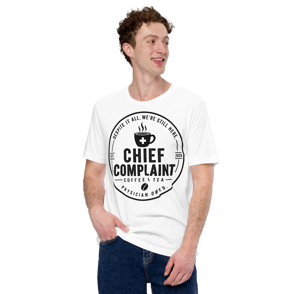 The Standard Issue Tee in white, unisex physician and nurse t-shirt, front view, physician owned