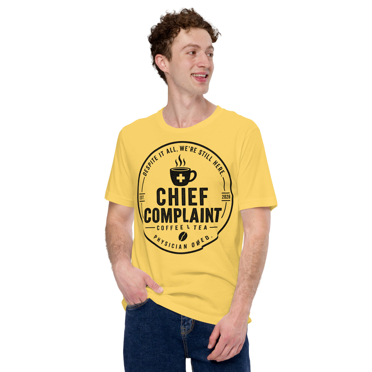 The Standard Issue Tee in yellow, unisex physician and nurse t-shirt, front view, physician owned