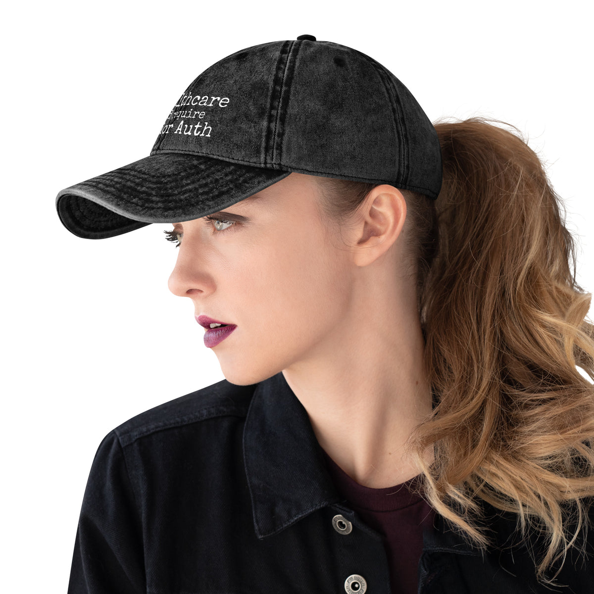 THE CHARGE NURSE Vintage Cap in black, washed cotton dad hat for nurses, left side, physician owned
