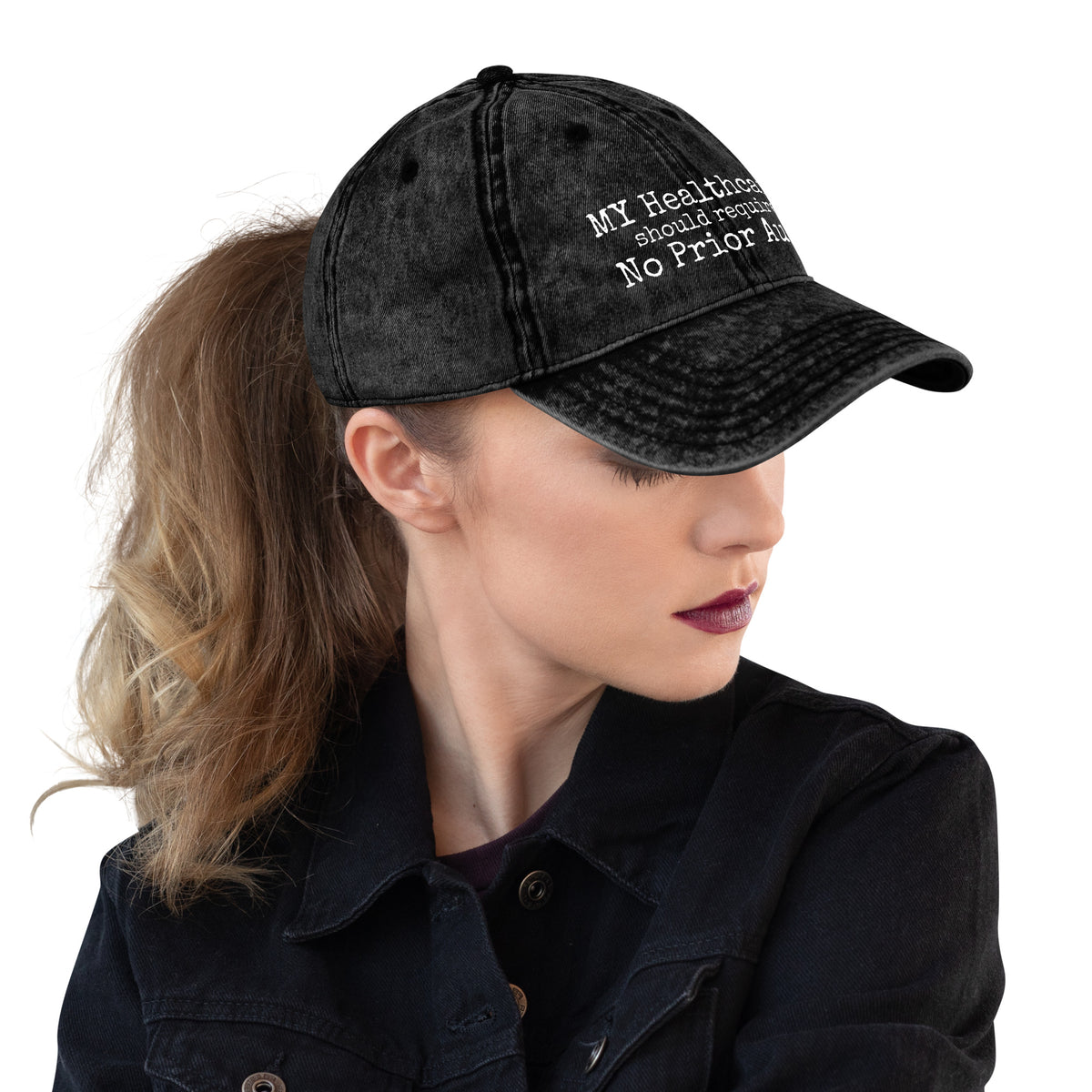 THE CHARGE NURSE Vintage Cap in black, low profile dad hat, right front angle, physician owned