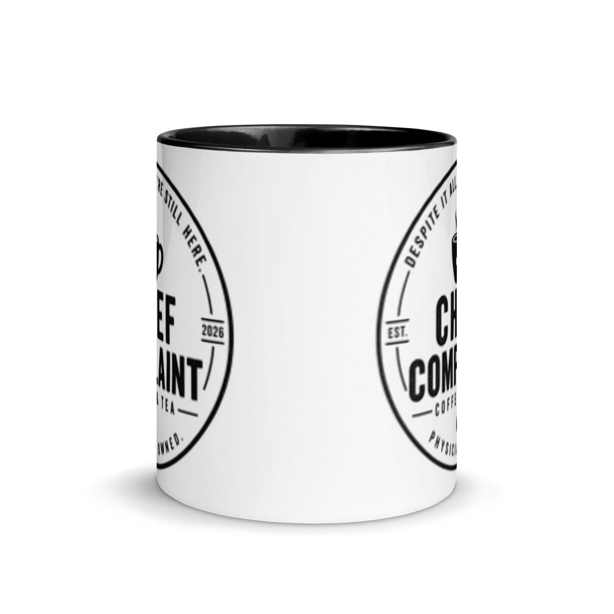 The Chief Complaint Mug, black and white 11 oz two tone ceramic mug, front view, physician owned