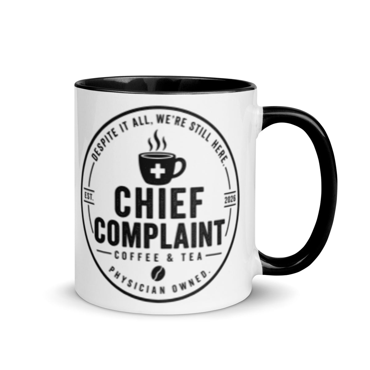 The Chief Complaint Mug, black and white 11 oz two tone ceramic mug, right side, physician owned