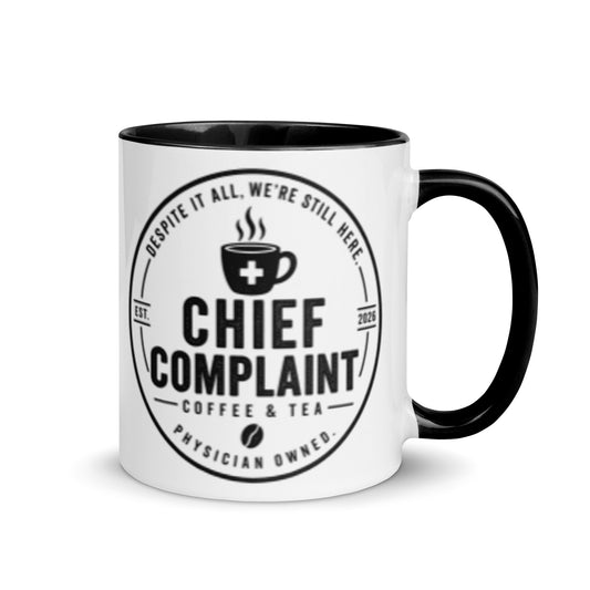 The Chief Complaint Mug, black and white 11 oz two tone ceramic mug, right side, physician owned