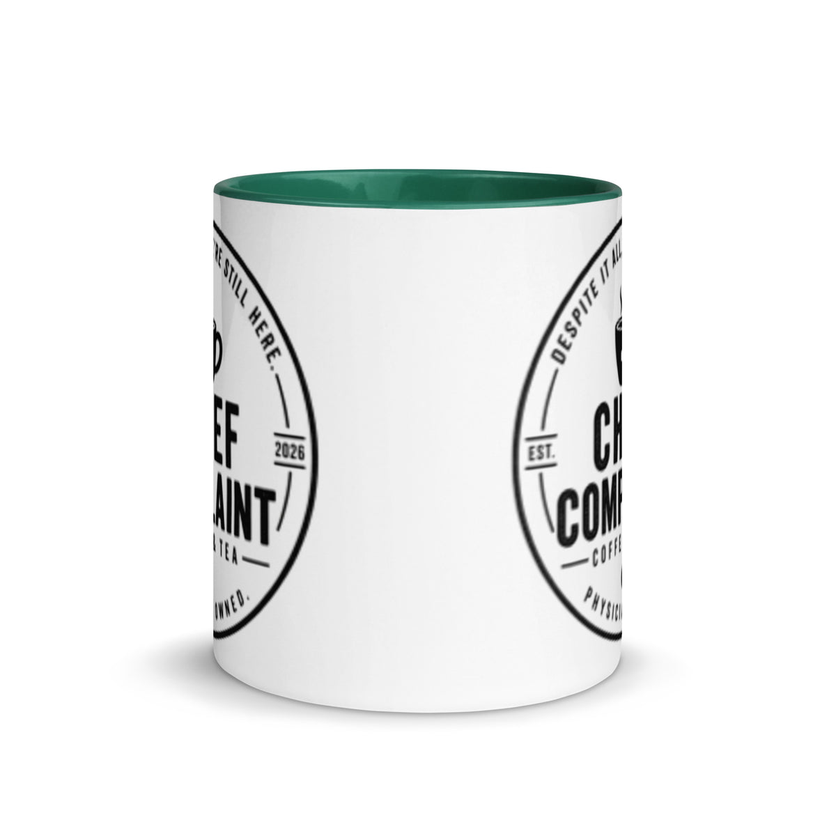 The Chief Complaint Mug, dark green and white 11 oz two tone ceramic mug, front view, physician owned