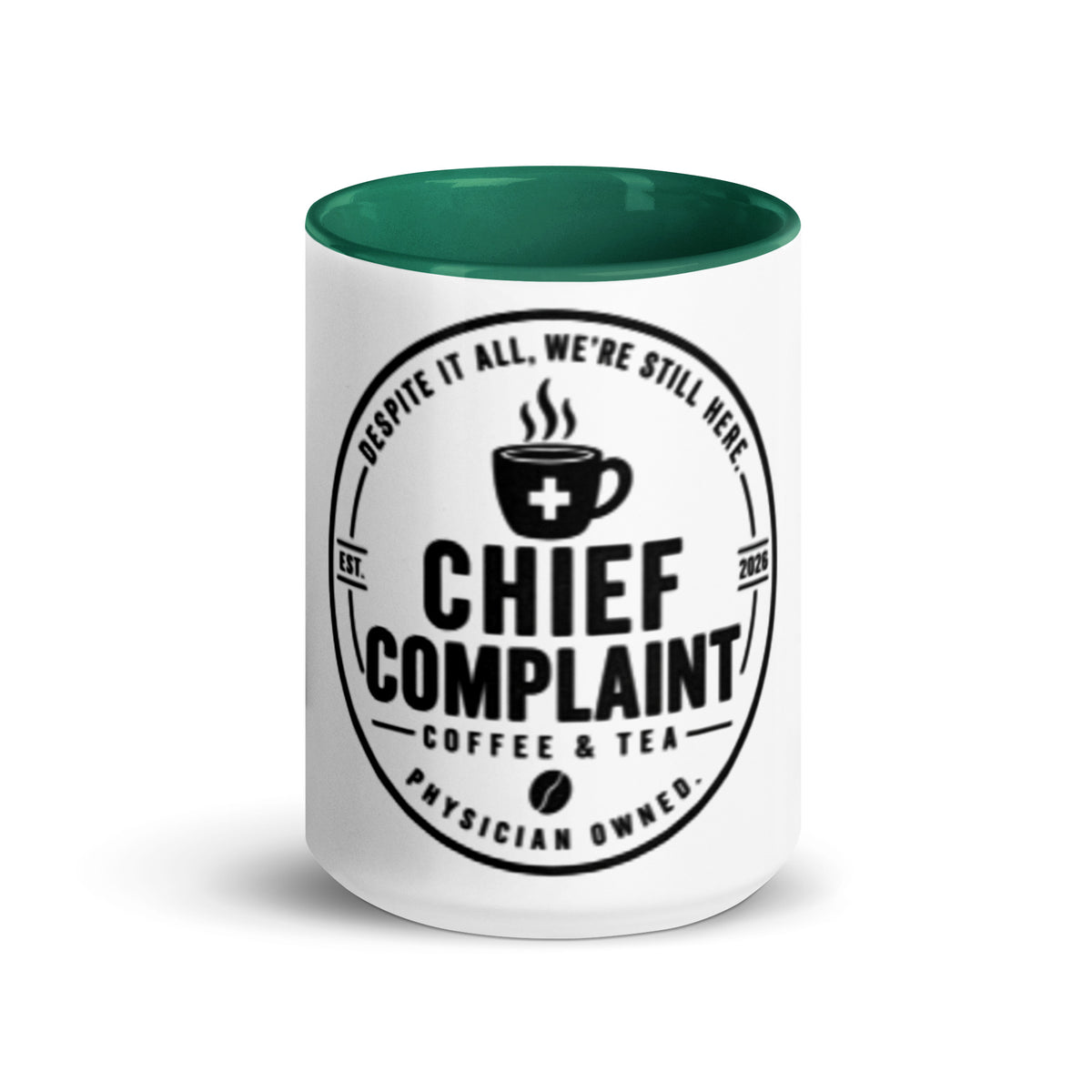 The Chief Complaint Mug, dark green and white 15 oz two tone ceramic mug, front view, physician owned