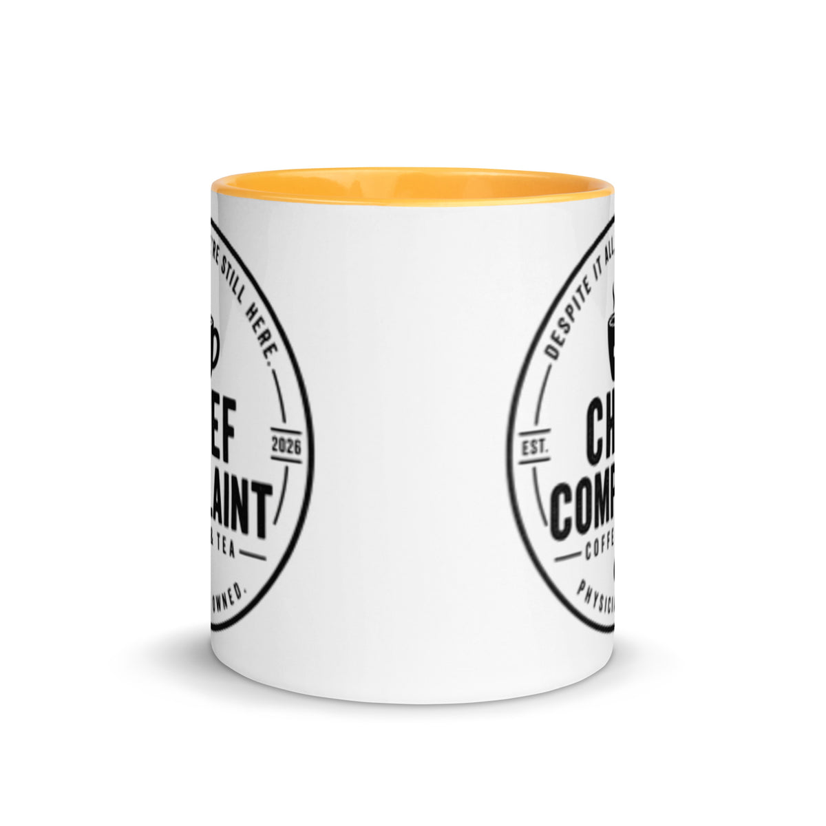 The Chief Complaint Mug, golden yellow and white 11 oz two tone ceramic mug, front view, physician owned