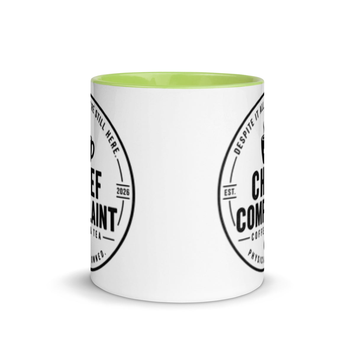 The Chief Complaint Mug, green and white 11 oz two tone ceramic mug, front view, physician owned