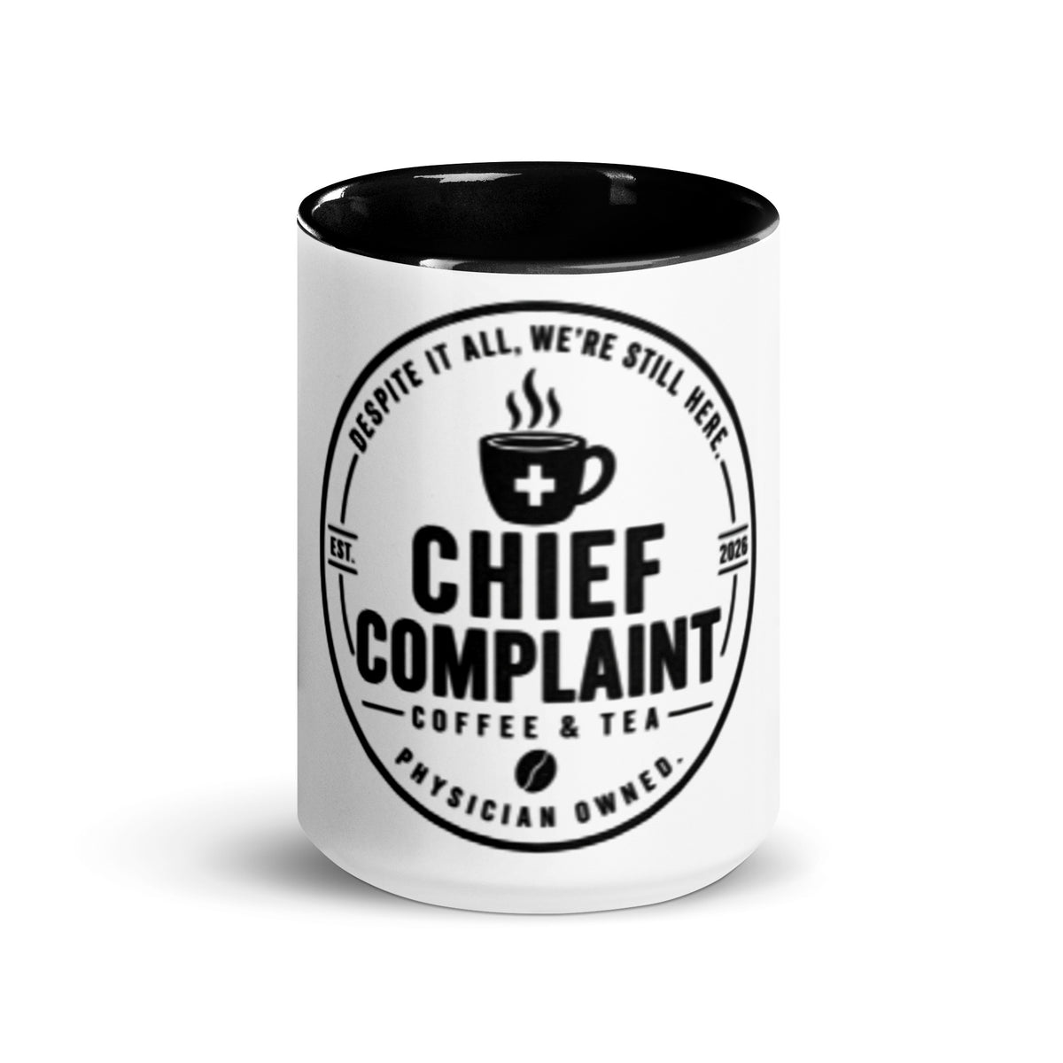 The Chief Complaint Mug, green and white 15 oz two tone ceramic mug, front view, physician owned